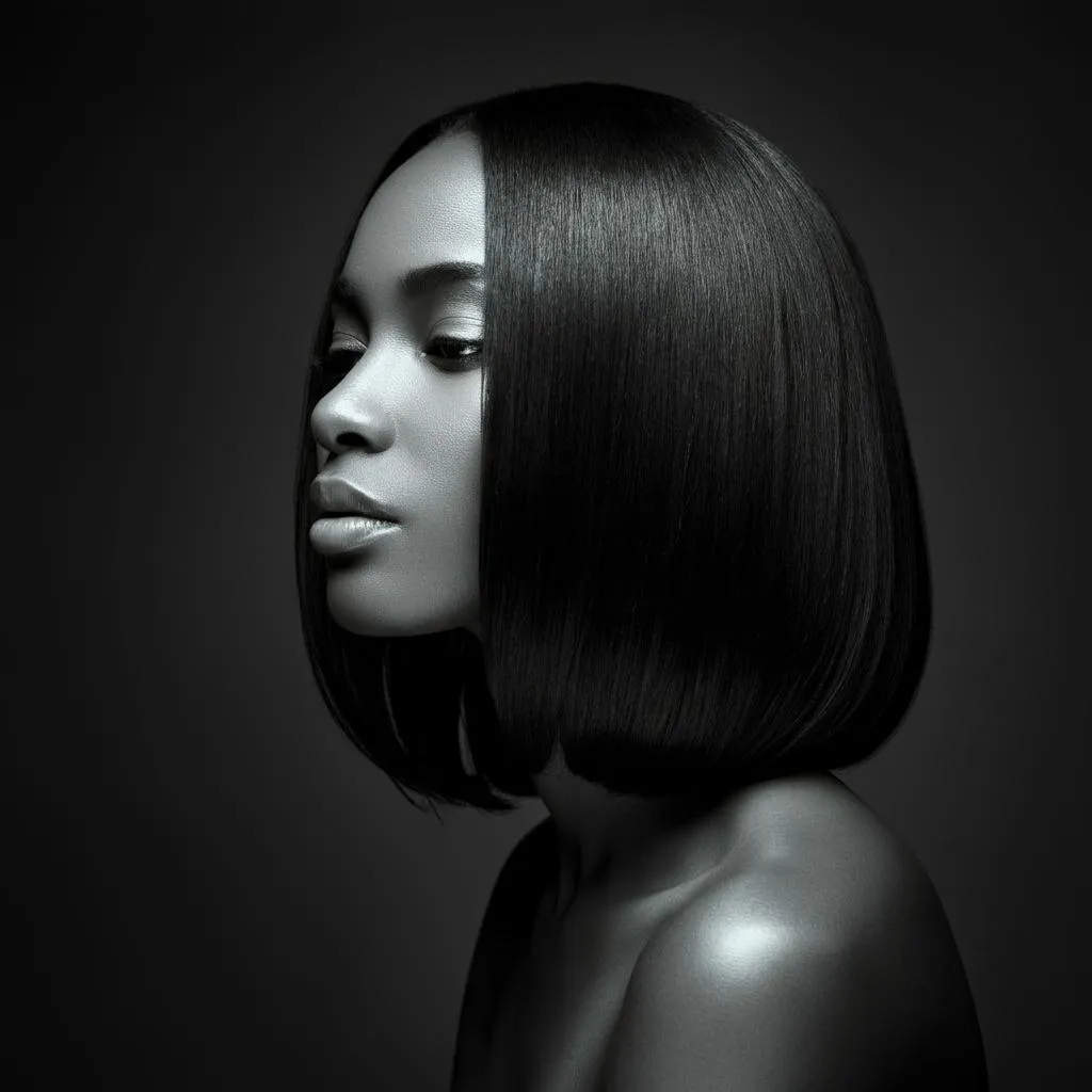 Relaxer hair style featuring smooth flat ironed pressed hair styled by Harmony Strands