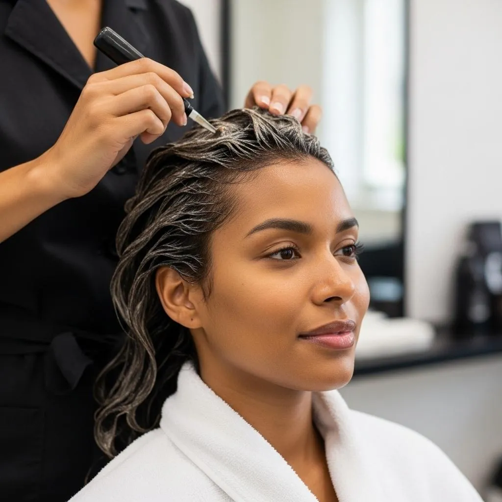 Black woman recieving a conditioning treatment in a relaxing environment by Harmony Strands
