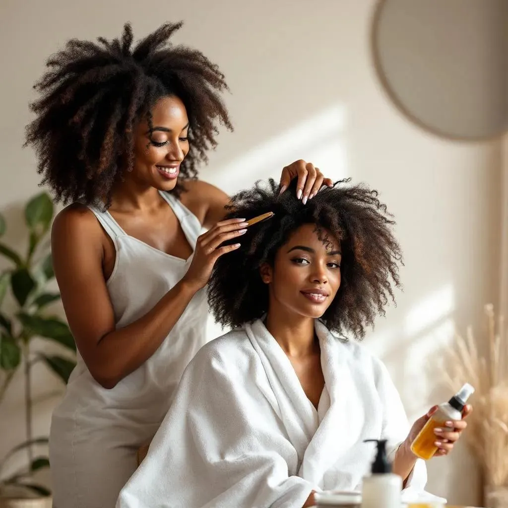 Black woman recieving a conditioning treatment in a relaxing environment by Harmony Strands