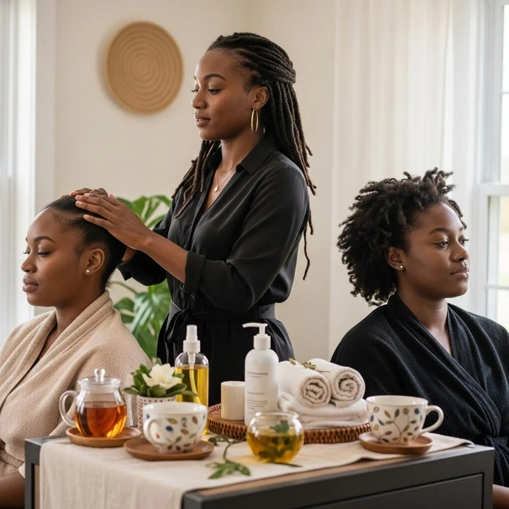 wo women enjoying a relaxing scalp massage during a holistic hair care session.