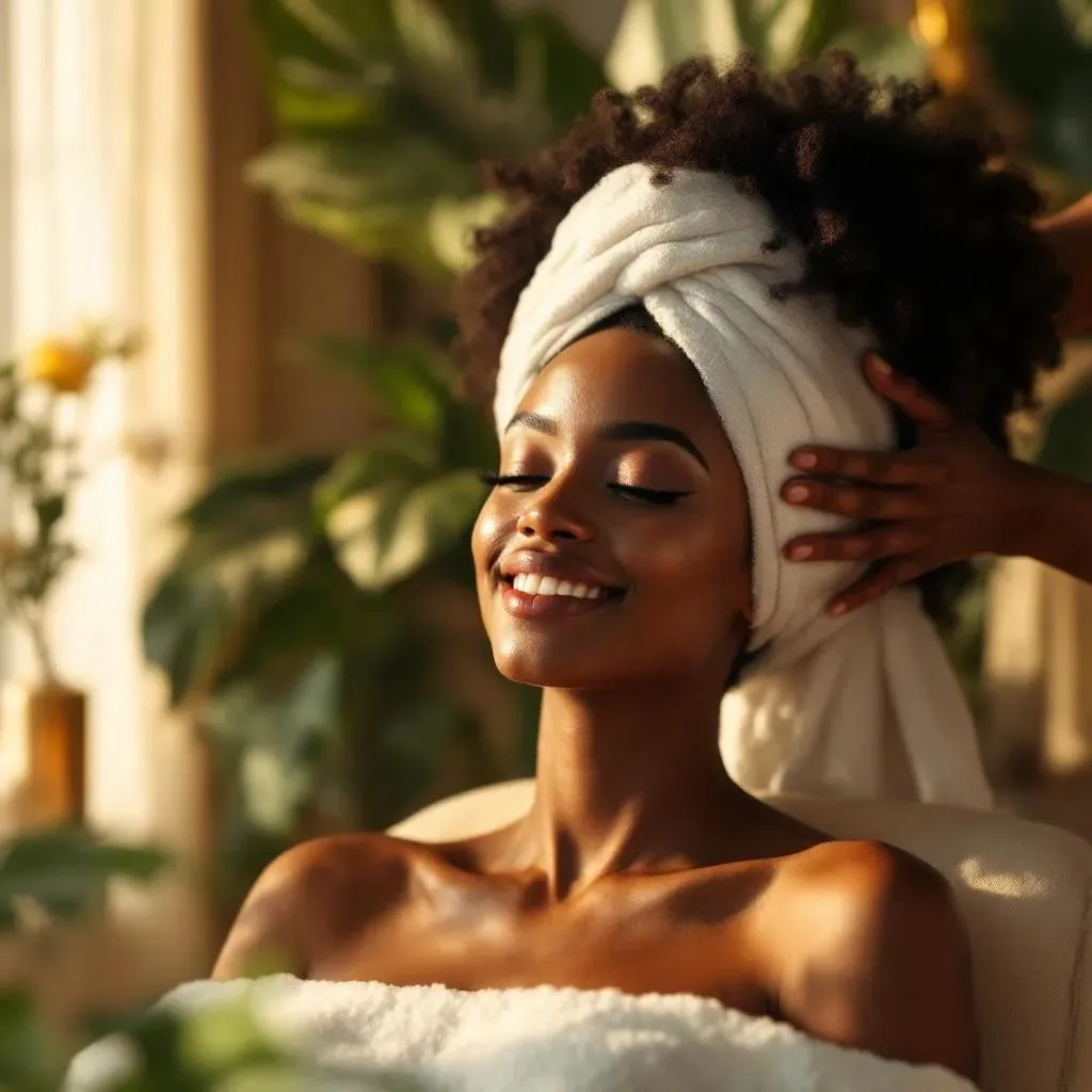 Black woman with smooth, styled hair after shampoo and roller set  by Harmony Strands