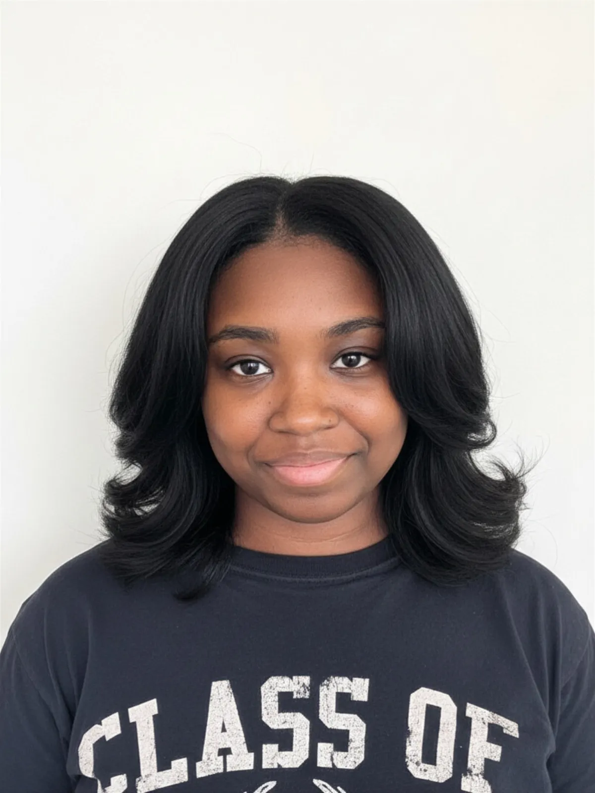 Curtain bangs haircut with soft face-framing layers and blended styling on healthy hair.