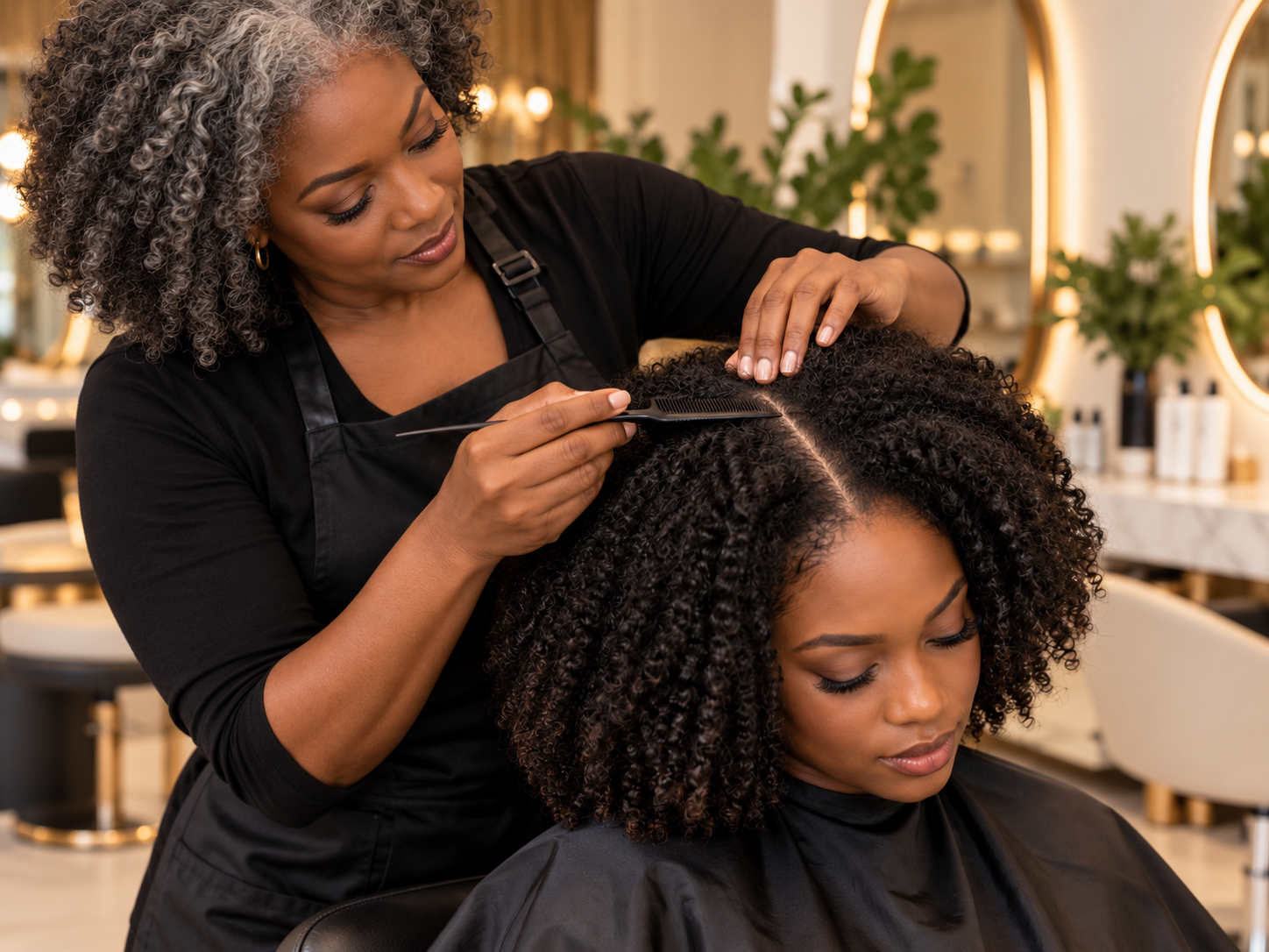 Mature stylist with natural gray curls examining a client’s scalp and textured hair in a professional salon.