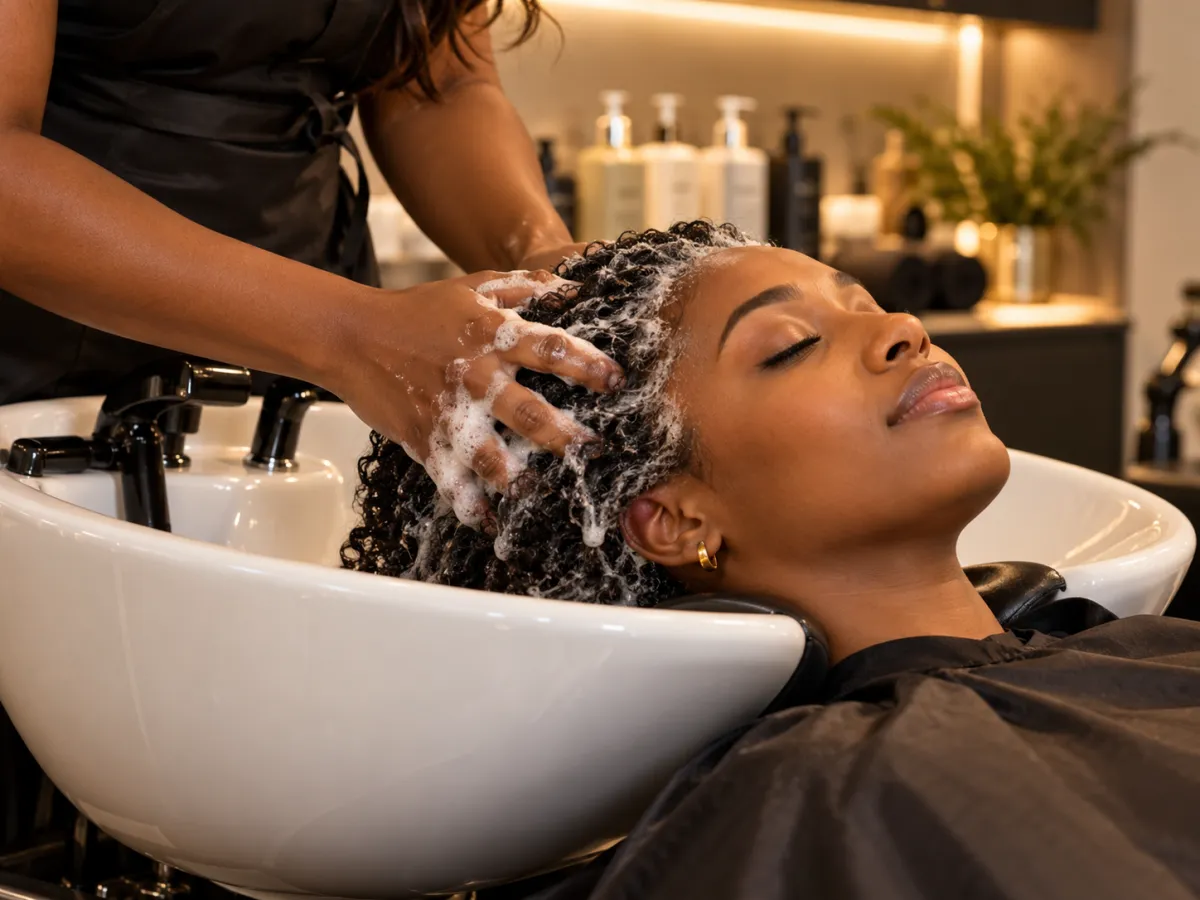  Hairstylist cleansing a client’s scalp and textured hair at the shampoo bowl.