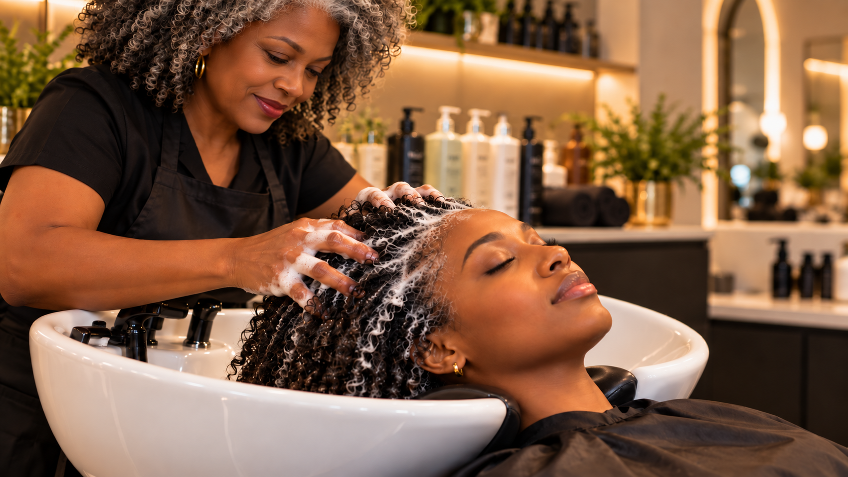 Mature stylist with natural gray curls cleansing a client’s scalp and textured hair at the shampoo bowl in a professional salon.