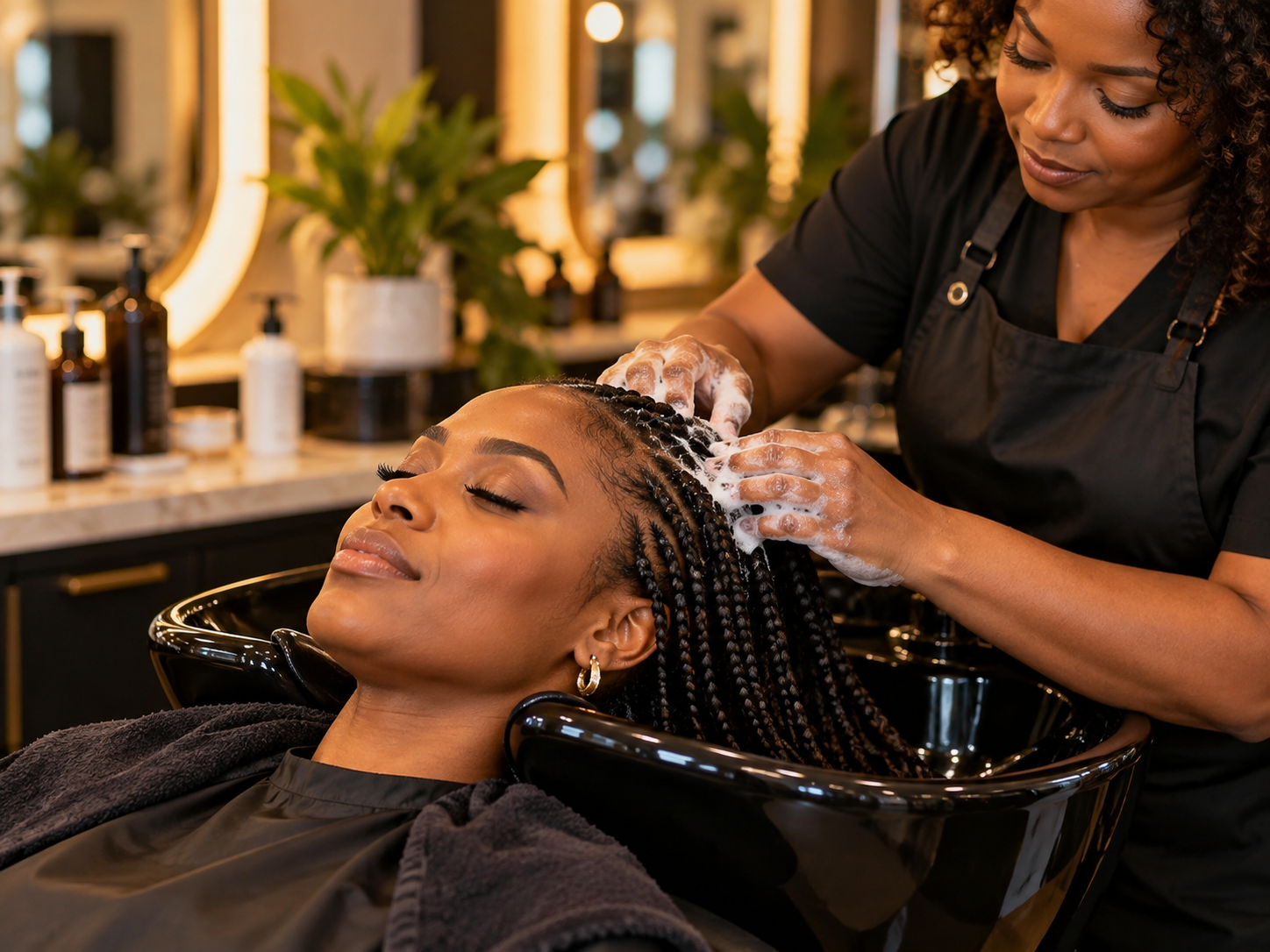 Stylist cleansing a client’s scalp between braids during a protective style maintenance service.