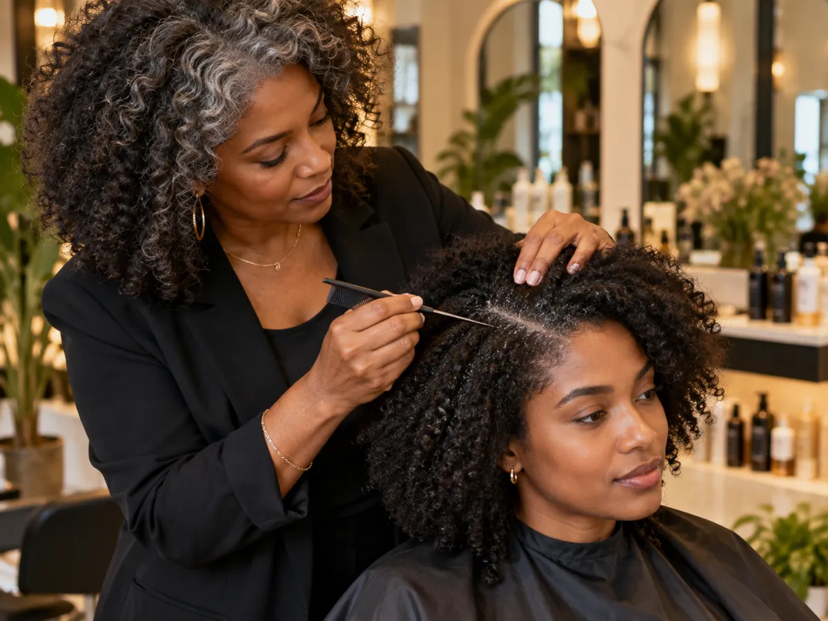 Stylist with natural gray curls examining a client’s scalp and textured hair for dryness and product buildup.
