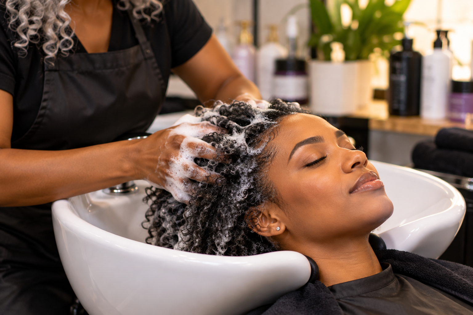 Stylist shampooing a client’s natural textured hair at the salon while cleansing the scalp and curls.