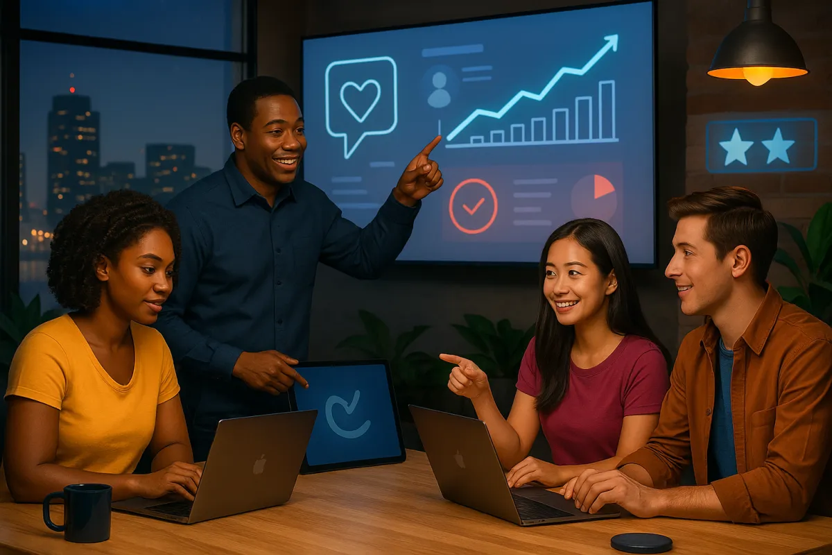 Young people evaluating a data dashboard and seeing growth. 