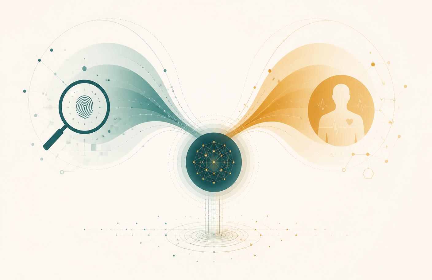 Abstract illustration showing AI-powered health systems connecting research evidence to patient health outcomes.