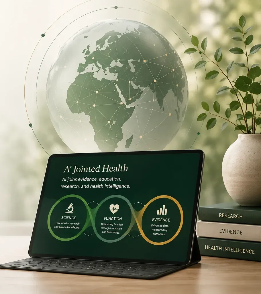 Tablet displaying A' Jointed Health system, combining AI, science, and evidence-based health outcomes.
