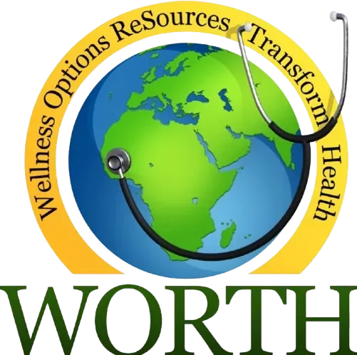 WORTH Logo - Wellness Options ReSources Transform Health, featuring a globe and stethoscope representing global health equity.