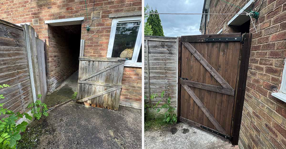 Failed rotten timber rear gate before replacement, Heaton Chapel Stockport