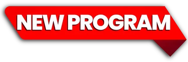 New Program promotional banner with bold white lettering on a bright red ribbon.