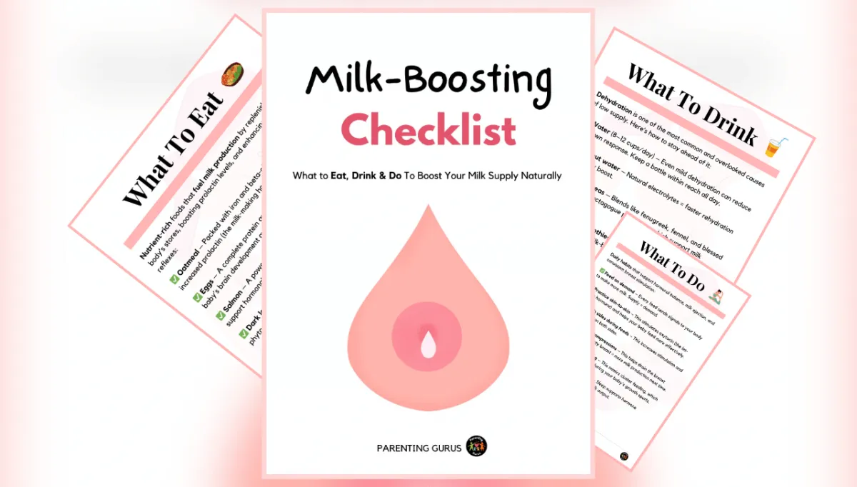 Breastfeeding mom reviewing a milk-boosting food and drink checklist
