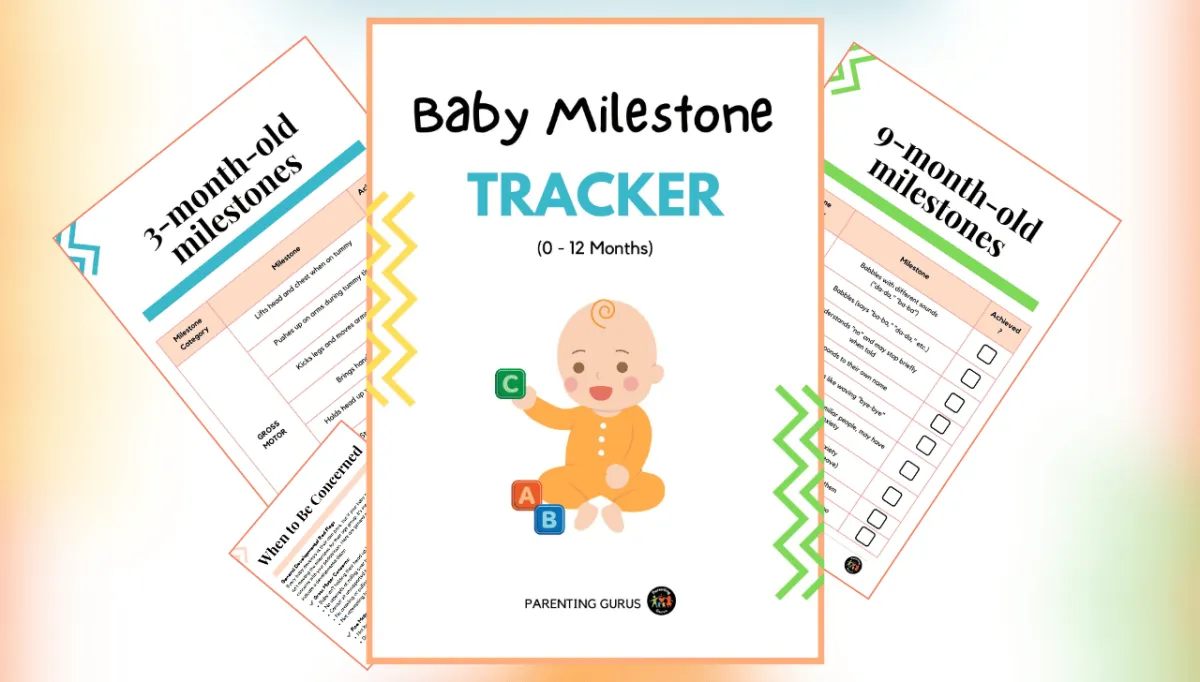 Mom checking baby developmental milestones on a printable tracker