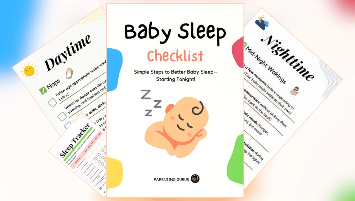 Peaceful sleeping baby with parent reviewing sleep checklist