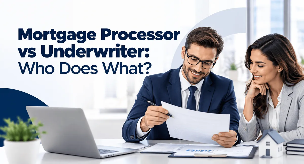 Mortgage processor and underwriter reviewing home loan documents together
