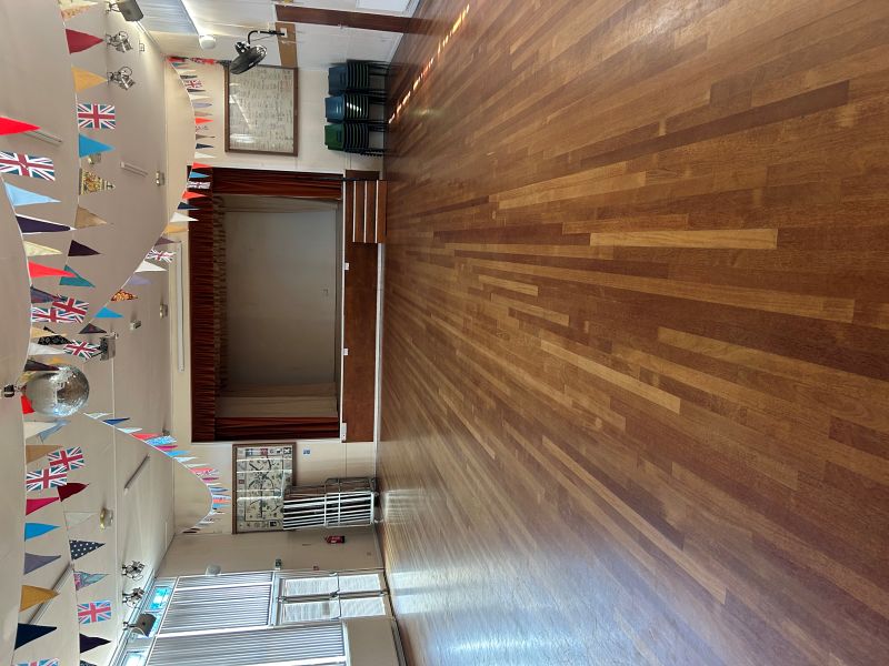 The spacious interior of Banwell Village Hall used for chair yoga classes near Weston-super-Mare.