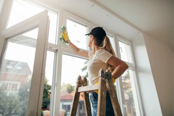 Woman opening windows while cleaning to improve indoor air quality and reduce exposure to household chemical fumes for better brain health in midlife.