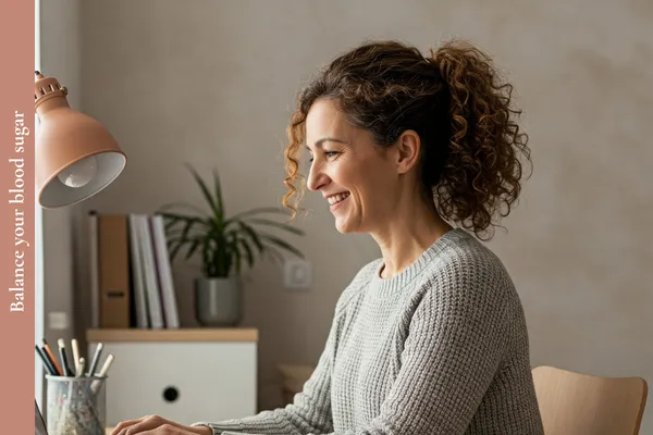 Midlife woman working at a desk with a calm smile, representing steady energy, focus, and balanced blood sugar for brain health.