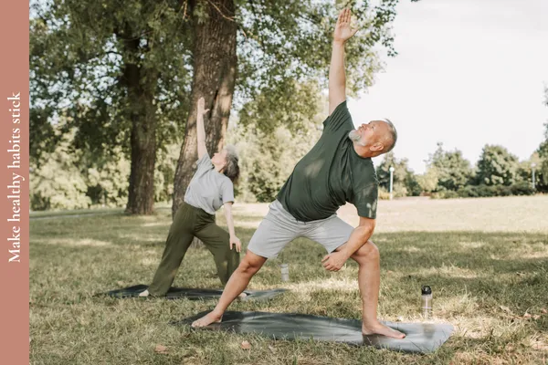 Man and woman in midlife exercising outdoors, illustrating how to make healthy habits stick for active, healthy ageing.