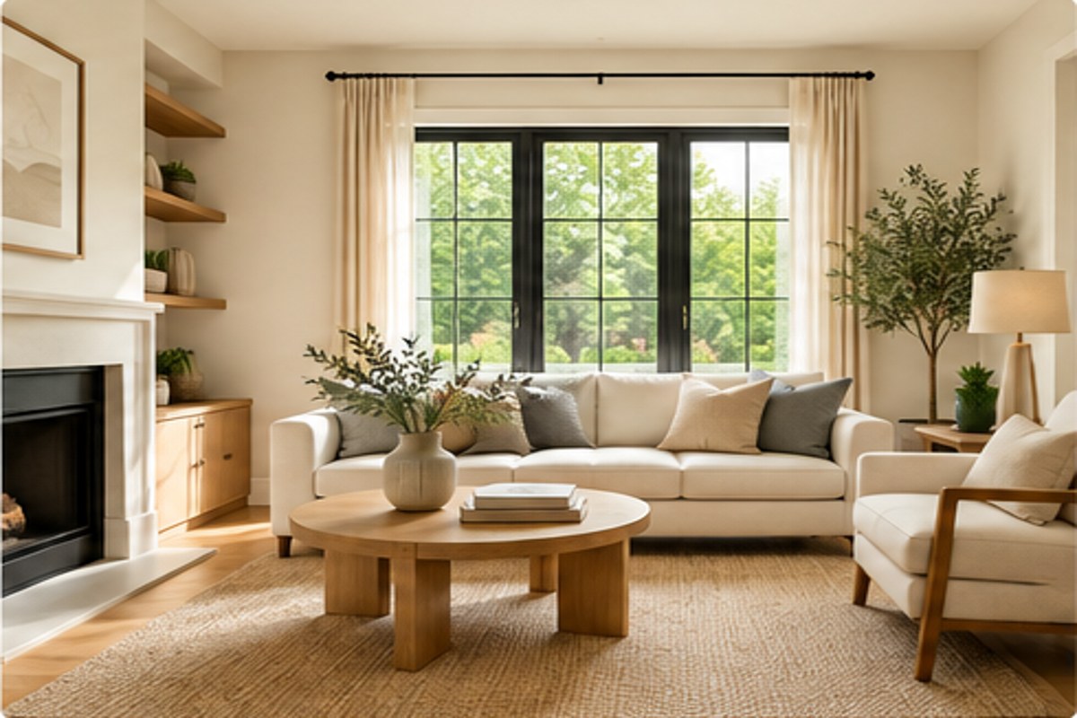 Bright staged living room prepared for home sale
