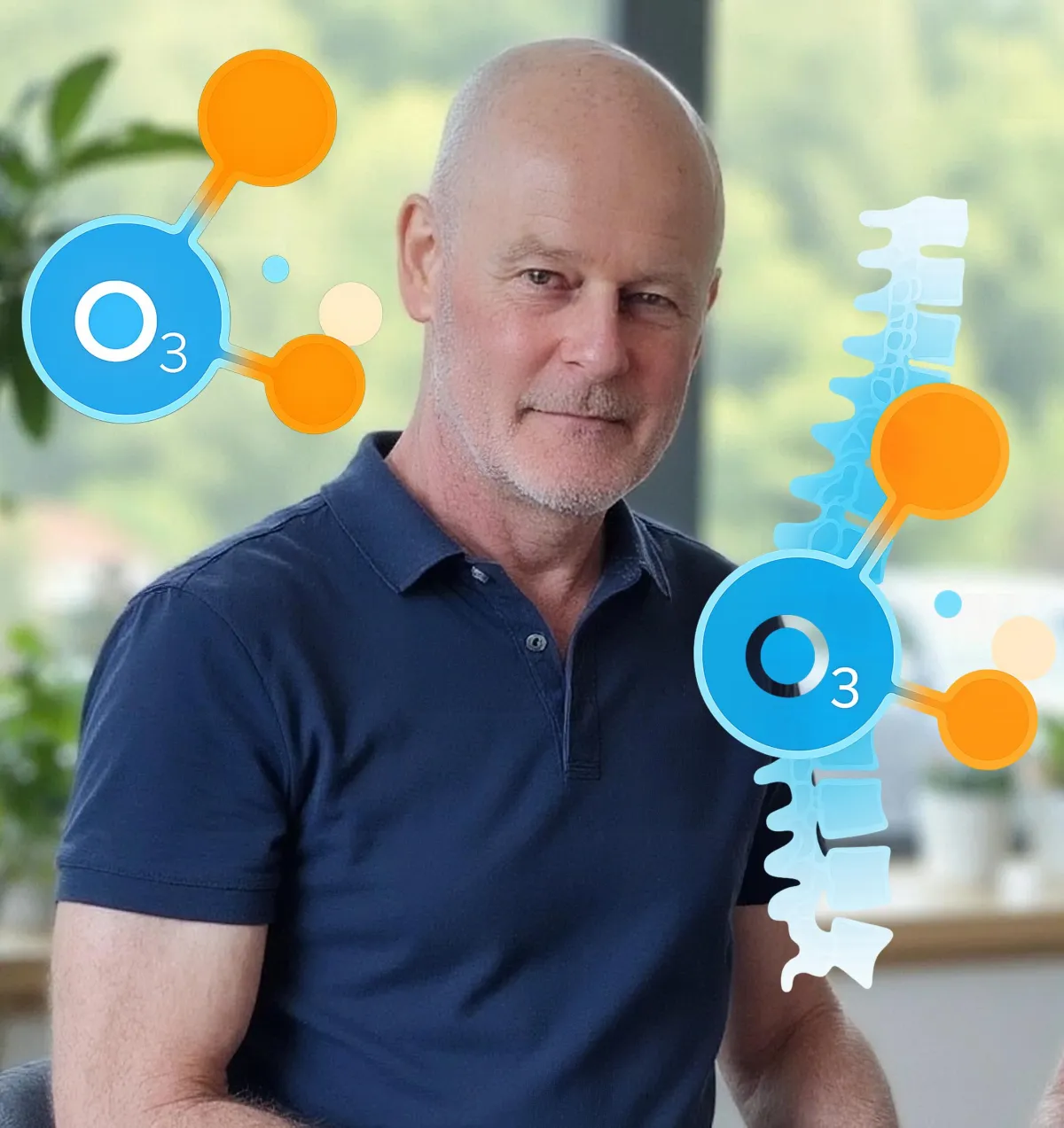 Peter Hartley, principal physiotherapist, profile photo with ozone molecule and spine overlay graphic at Physio Barnsley.