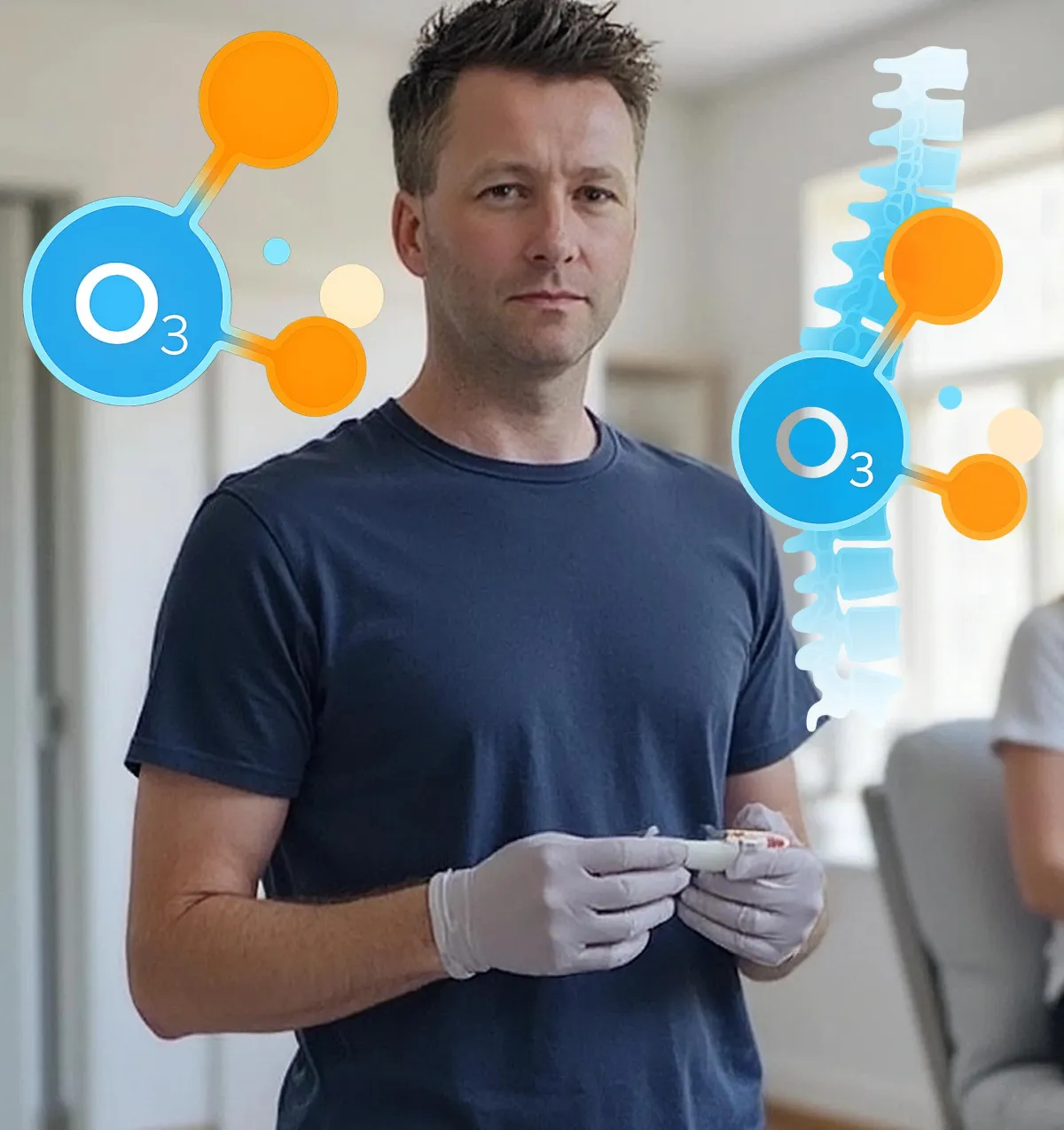 Senior Physiotherapist Craig Hartley in navy T-shirt and gloves preparing a prolozone injection, overlaid with ozone (O₃) molecular graphics and spine illustration—visual highlighting ozone therapy for physiotherapy at Physio Barnsleyo