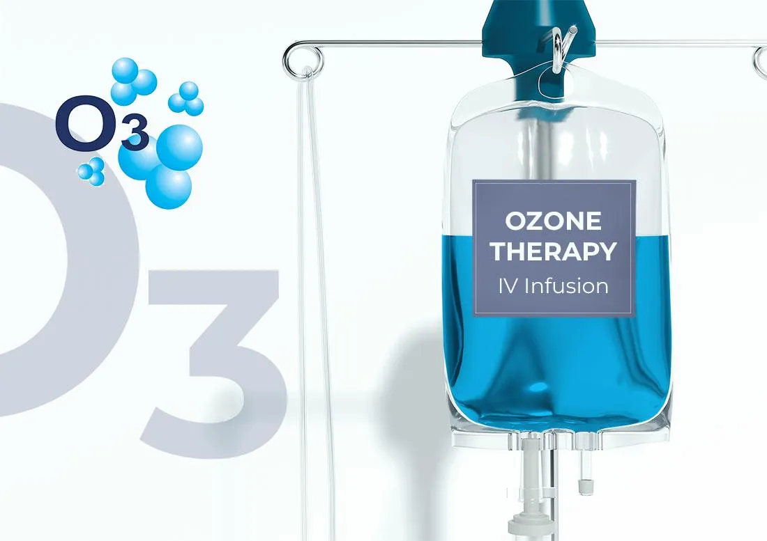 Illustration of IV ozone infusion bag with ozone molecule, representing IV ozone therapy at Physio Barnsley.