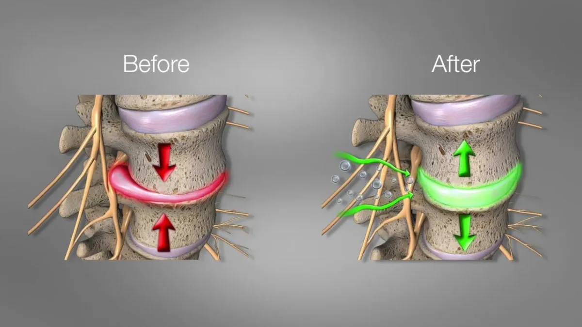 Graphic showing compressed vertebra next to decompressed vertebra, illustrating spinal traction therapy at Physio Barnsley.