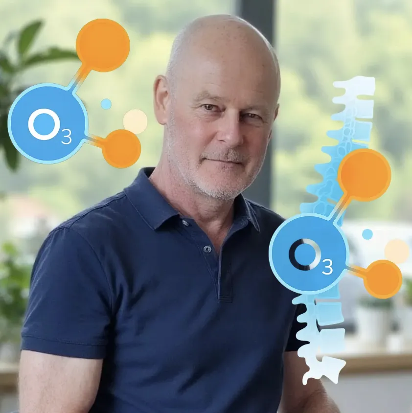 Senior Physiotherapist Peter Hartley in navy T-shirt, overlaid with ozone (O₃) molecular graphics and spine illustration—at Physio Barnsley Clinic