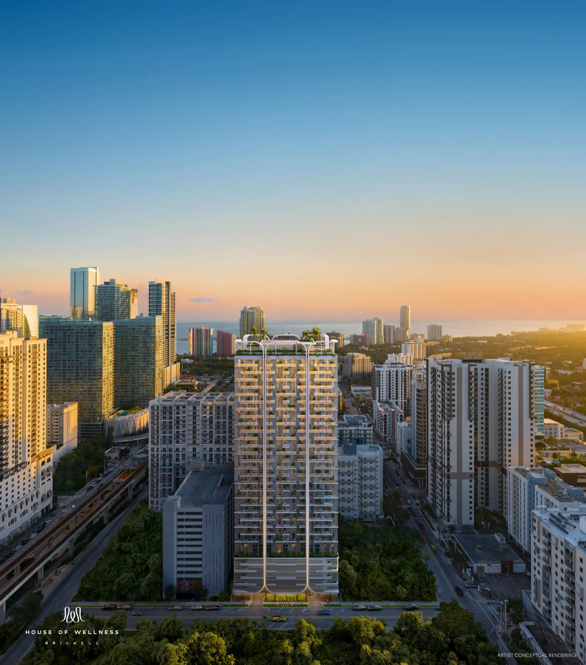 Representación conceptual de House of Wellness Brickell al atardecer