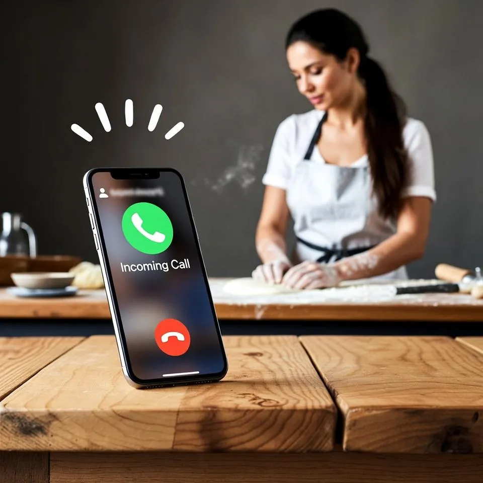 Ringing phone on wooden table 