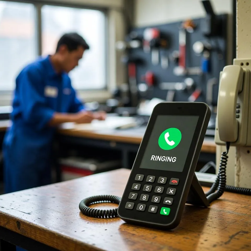 Ringing phone on wooden table 
