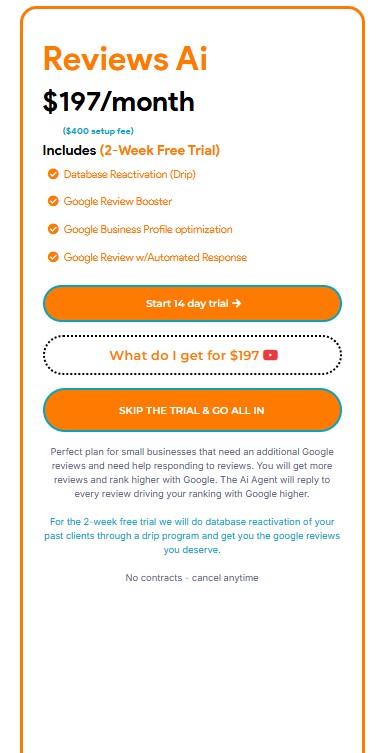 AI-driven service plan for managing Google reviews, featuring pricing details, included features like database reactivation, review boosting, and profile optimization.