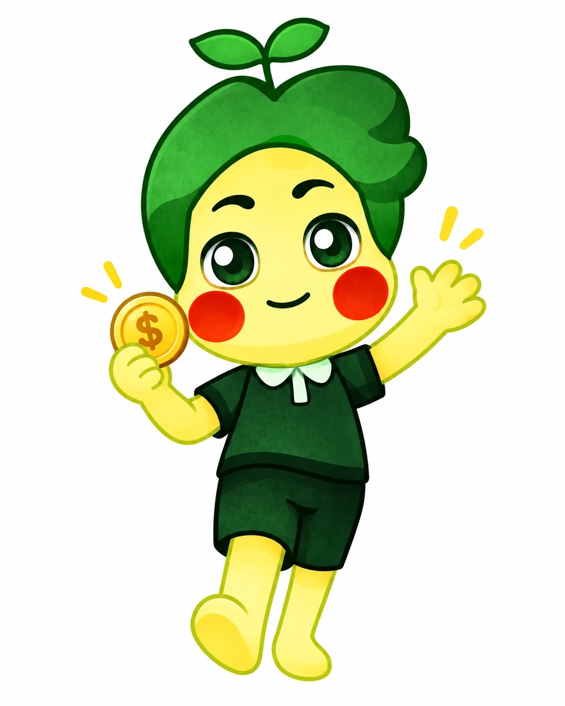 Savee, Guardian of Goals, waving and holding a coin