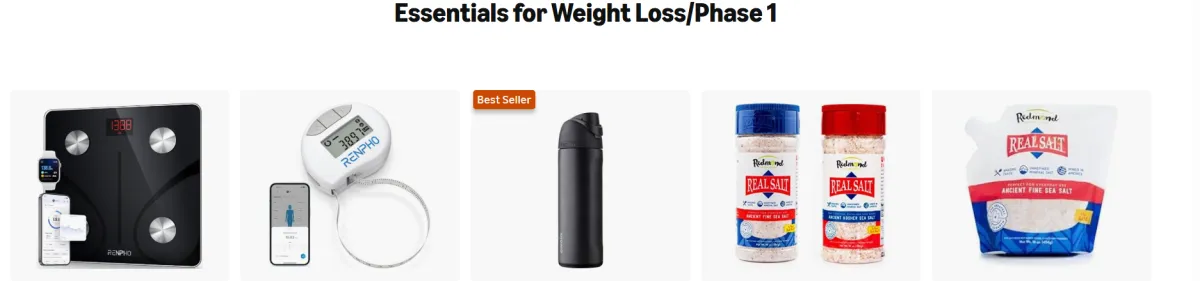 Ideal Protein Phase 1 weight loss essentials including a body scale, measuring tape, water bottle, and Real Salt seasoning recommended by Pittsburgh coaching team