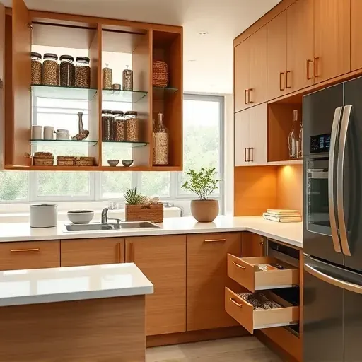 Modern kitchen with sleek wooden cabinetry, labeled glass jars, stainless steel hardware, and a bright, organized space