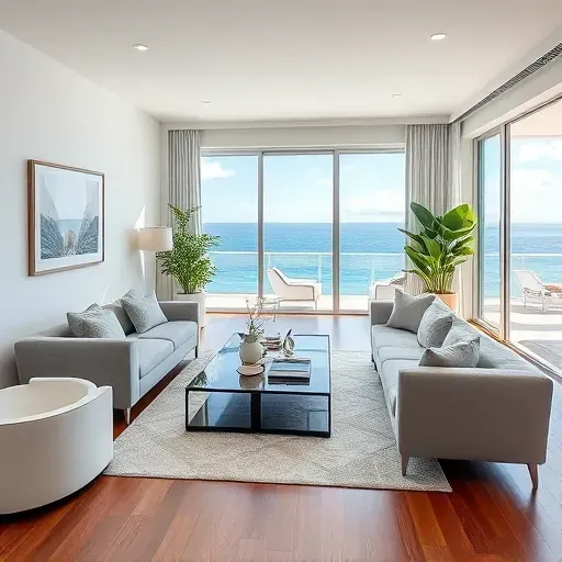 Remodeled Miami Beach living room with coastal artwork, ocean views, modern furniture, and lush plants creating a serene vibe.