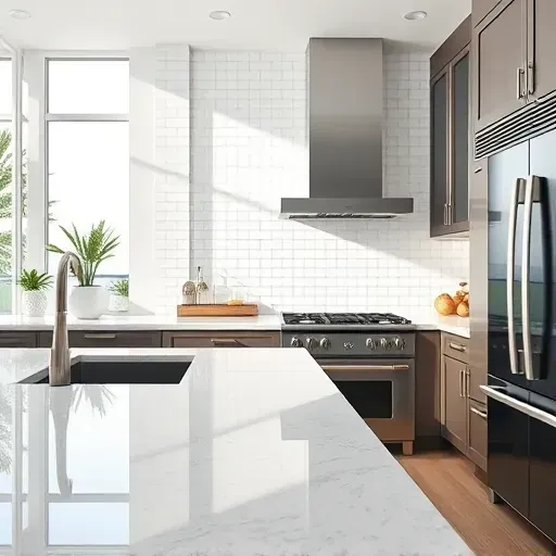 Modern kitchen with glossy herringbone tile backsplash, granite countertops, stainless steel appliances, and natural light in Coral Springs