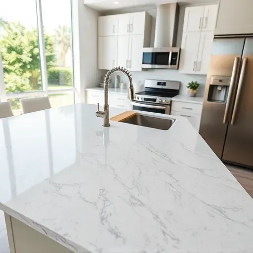 Newly installed polished granite or quartz kitchen countertop in a bright, modern kitchen with stainless steel appliances and natural sunlight