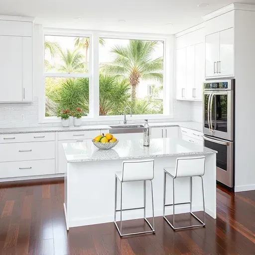 Modern kitchen remodel in Deerfield Beach with white cabinetry, quartz counters, and natural light showcasing elegant design.