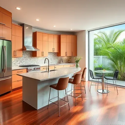 Modern kitchen remodel in Broward County FL features sleek cabinetry, polished granite countertops, and stylish mosaic backsplash.