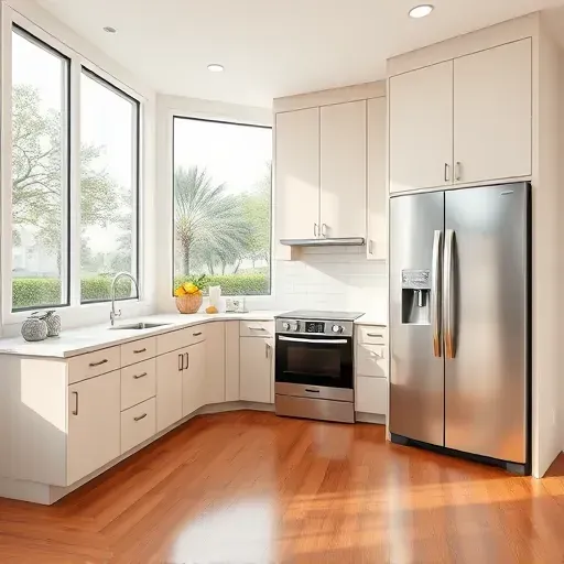 Modern custom kitchen in Coral Springs with matte cabinets quartz countertops stainless steel appliances and polished hardwood floors