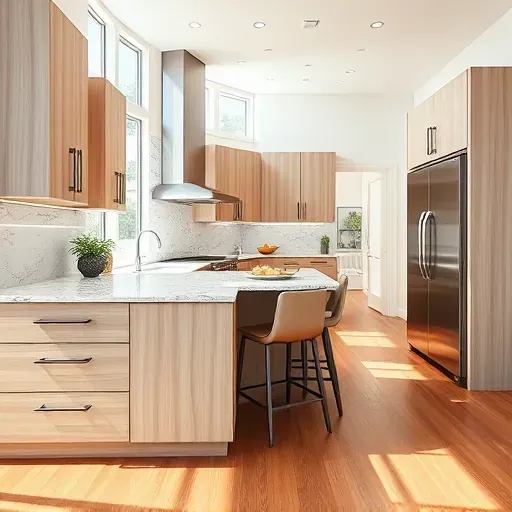 Renovated modern kitchen in Coral Springs Florida with refaced woodgrain cabinets, granite countertops, stainless appliances, and hardwood flooring