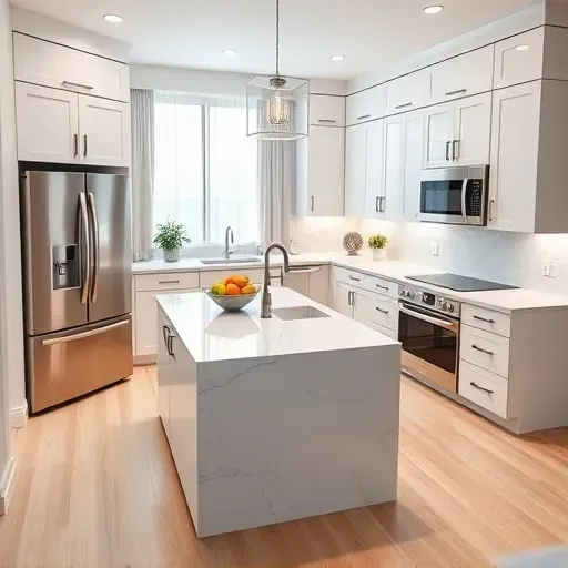 Remodeled kitchen in Coral Springs FL with sleek white cabinetry, marble island, and natural light enhancing elegance.