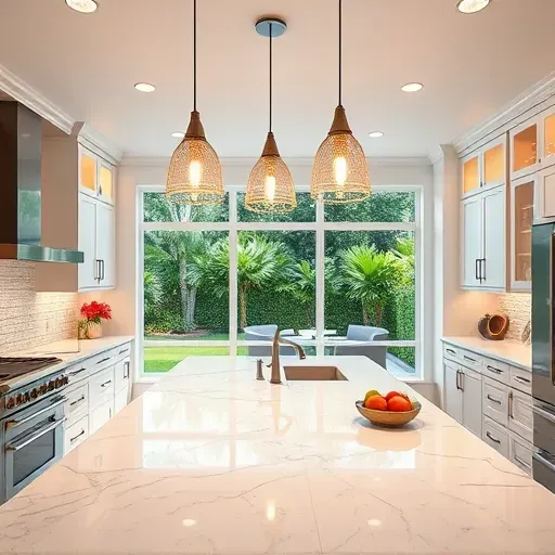 Modern Coral Springs kitchen with LED pendant, recessed, and under-cabinet lighting highlighting stylish design and natural light