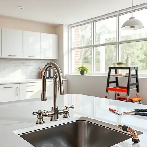 Modern upgraded kitchen with stainless steel fixtures, copper pipes, elegant cabinetry, tiled backsplash, and natural light.