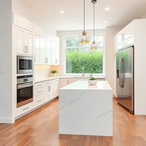 Modern renovated Coral Springs kitchen with white cabinets, quartz island, stainless steel appliances, hardwood floors, and natural light